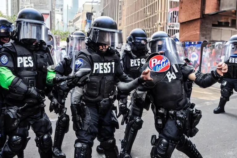 Prompt: beast boy giving a pepsi to riot police and stopping a protest, pepsi ad
