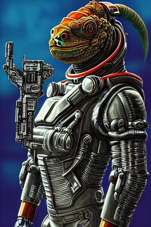 Image similar to a portrait of a muscular anthropomorphic cyberpunk iguana! space mechanic in spacesuit armor with ensignia on chest plate by sandra chevrier, by jon foster, detailed render, pistol in holster, tape deck, epic composition, cybernetics, 4 k realistic, cryengine, realistic shaded lighting, sharp focus, masterpiece, by enki bilal