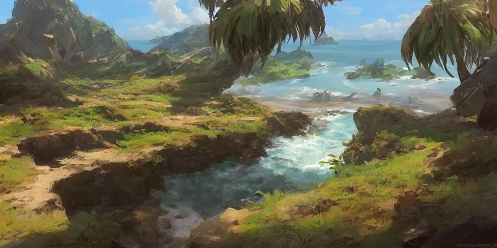 Prompt: stunning landscape of a lost island on a sunny day by krenz cushart