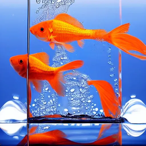 Image similar to a goldfish swimming inside a cube made of water looking at its reflection on the side of the cube