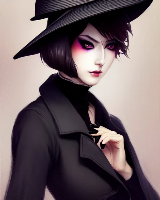 Prompt: lady with eyeliner makeup from genshin impact in triangle fedora hat and black coat, wavy lingeries, cloudy backgorund, intricate, elegant confident pose, sharp focus, illustration, highly detailed, digital painting, concept art, art by wlop and artgerm and ross tran and greg rutkowski, masterpiece