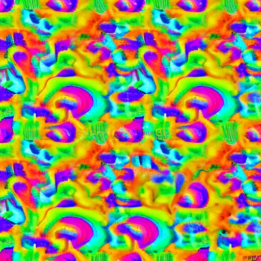 Image similar to colorful 3 d autostereogram illusion puzzle with psychedelic mushrooms dancing among a tie dye desert of peyote | symmetrical seamless tile