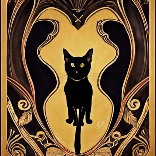 Image similar to beautiful, gorgeous art nouveau painting of a black egyptian cat, impressive, wonderful, very detailed, perfect anatomy, symmetrical, trending on artstation, masterpiece