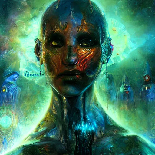 Image similar to dmt trip interdimensional beings reveal the truth by raymond swanland, highly detailed, bright tones