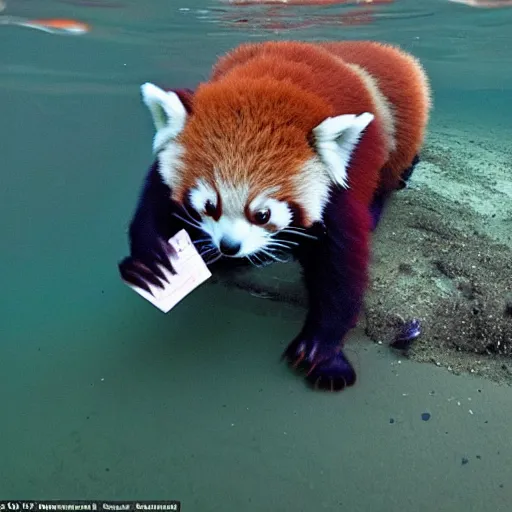 Prompt: dark footage of a red panda walking around the bottom of the ocean