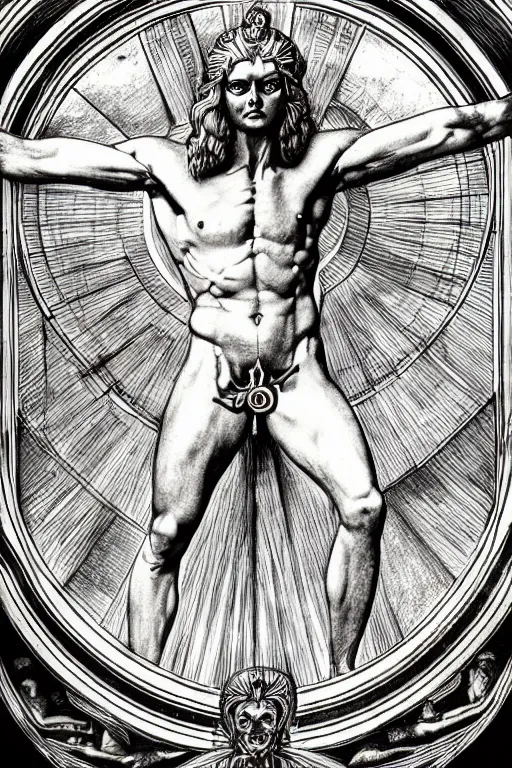 Image similar to hyper realistic drawing of the god apollo, in the style of the vitruvian man, turning into a stylized sun, hr giger, manuscript, bussiere, art nouveau, extremely detailed, intricate border, horror mood, sinister mood