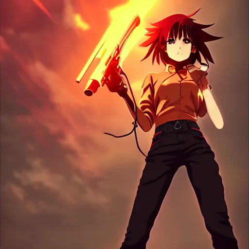 Image similar to makoto shinkai, artgerm, ilya kuvshinov, steampunk beautiful anime woman, red shirt brown pants, black and red hair hair, symmetrical face, symmetrical eyes, second anime woman with orange hair and black pants, action scene, shooting fire war, detailed, summer setting, cinematic lighting