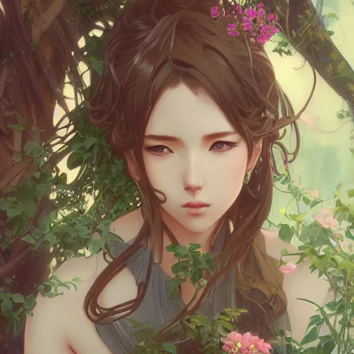 Image similar to An anime young woman plant hybrid, vine and plants and flowers, intricate, digital painting, highly detailed, concept art, Artstation, Cgsociety, Artgerm, Alphonse Mucha, Wlop