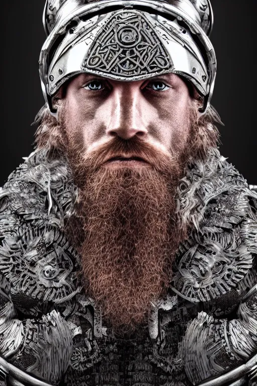 Prompt: robotic viking, handsome and strong, red beard, psychedelics, dmt, detailed intricate, 8 k, cinematic