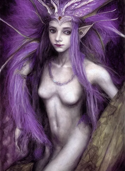 Image similar to portrait of young female sorceress of the endtimes, transluscent skin, lavender hair, beautiful! coherent! dungeons and dragons character, by brian froud, strong line, cool night color, high contrast