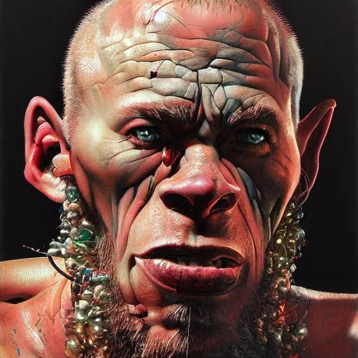 Image similar to cyberpunk orcs, rule of thirds, cinematic lighting, by chuck close, by norman rockwell, hyperrealistic photorealism acrylic on canvas, hyper detailed, mohawk.