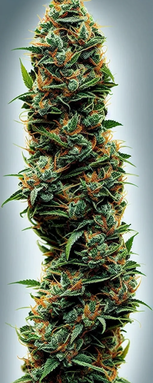 Prompt: beautiful giant marijuana bud covered in stunning large moist trichomes trichomes trichomes as a skyscraper