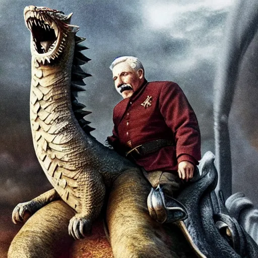 Image similar to Historical photo of Joseph Stalin Riding a Dragon from Game of Thrones, photorealism 8k,