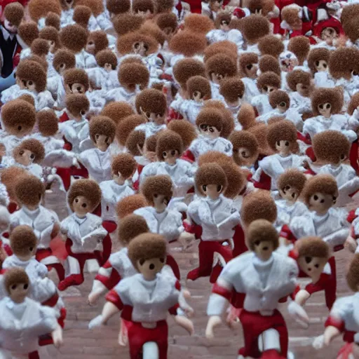 Image similar to the running of the screaming bob ross dolls in pamplona spain