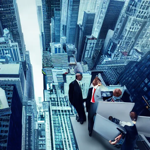 Prompt: incredible painting of lifeless business professionals looking down unto wall street as impoverished middle class of America scale the skyscrapers, hyper detailed, hyper realistic, digital painting, 8k, 35mm film grain, octane render