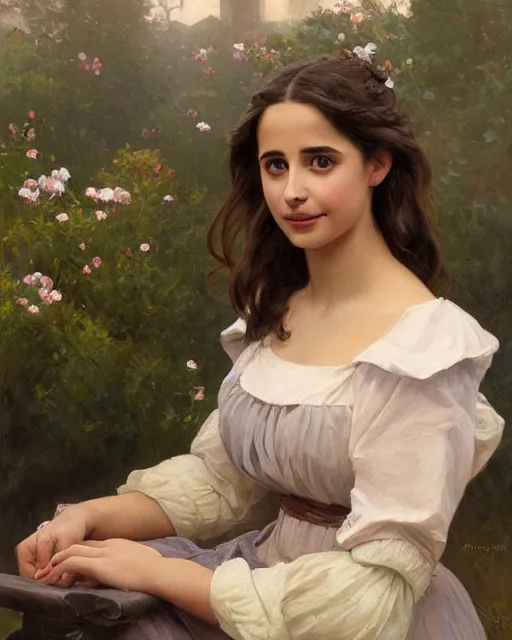 Prompt: a portrait painting of holly earl / naomi scott / sabrina lloyd hybrid oil painting, gentle expression, smiling, elegant clothing, scenic background, extremely detailed and lifelike, artgerm, greg rutkowski, alphonse mucha, vladimir volegov, adolphe bouguereaum, greg hildebrandt