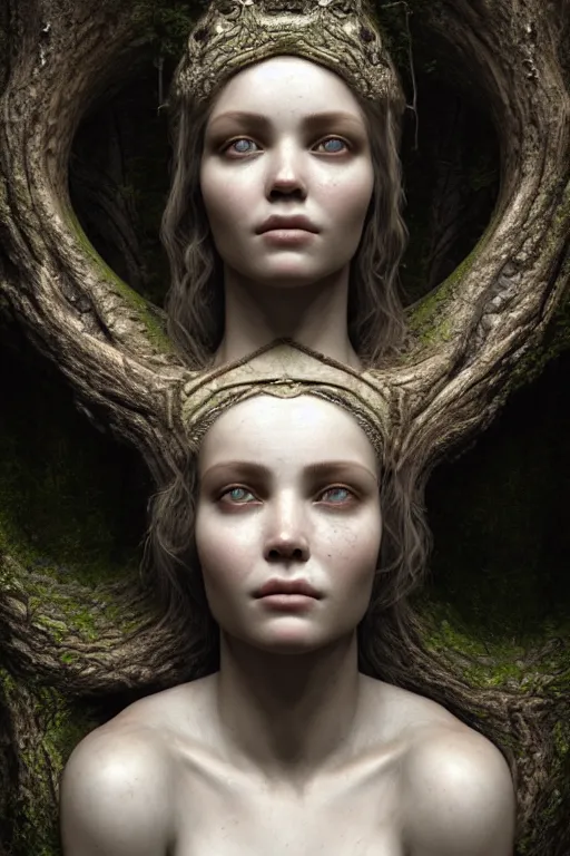 Prompt: a photorealistic portrait of a goddess, floating in the middle of a ancient wood, perfectly proportioned face, perfect eyes, intricate, elegant,ultra super good realistic 3D render by Pete Morbacher and Emil Melmoth, insanely detailed, trending on artstation