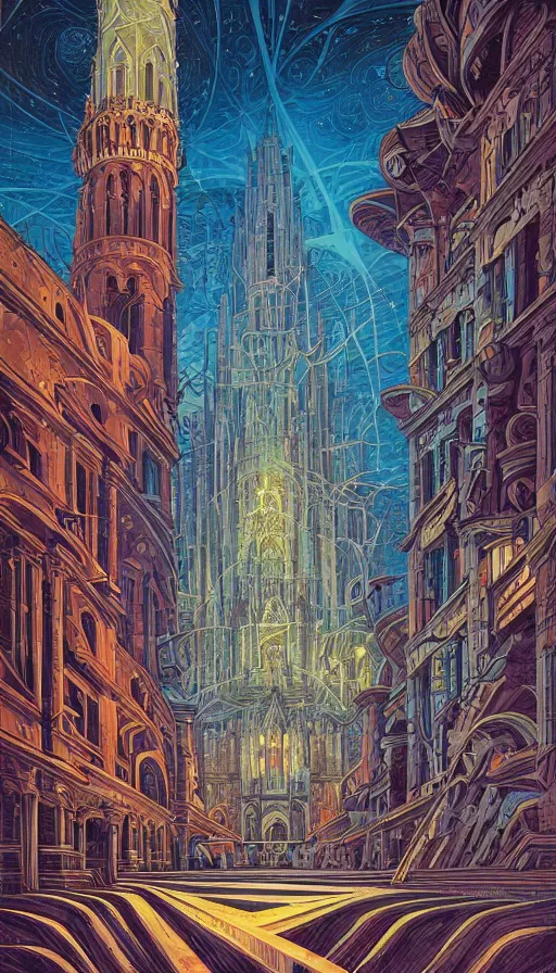 Image similar to The cathedral of ancient prophecies and wisdom, italian futurism, Dan Mumford, Josan Gonzalez