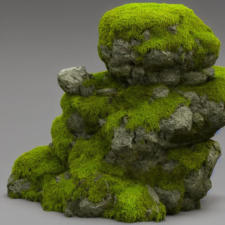 Prompt: ! dream rock with moss growing on it, 3 d render by keos masons, new sculpture, polycount, rendered in maya, physically based rendering
