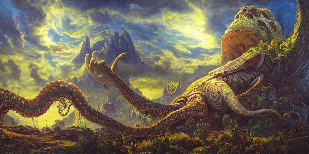 Image similar to fantasy oil painting, great leviathan, cybernetic turtle cephalopod terrapin reptilian pachyderm squid, bella hadid, hybrid, milla jovovich, anubis, epic natural light, lush plants flowers, spectacular mountains, bright clouds, luminous sky, outer worlds, golden hour, michael cheval, edward hopper, michael whelan, vray, hd