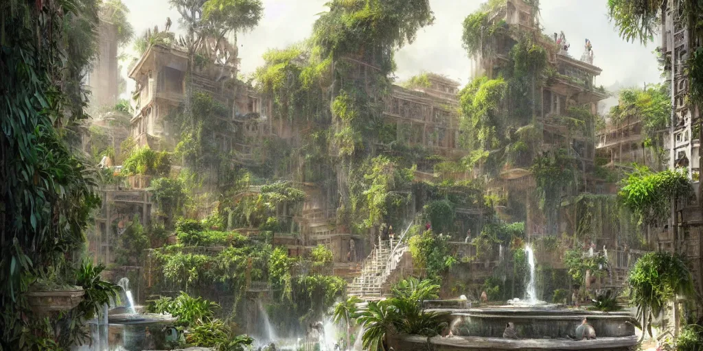 Prompt: Hanging Gardens of Babylon, lush trees, fountain , a fantasy digital painting by Greg Rutkowski and James Gurney, trending on Artstation, highly detailed