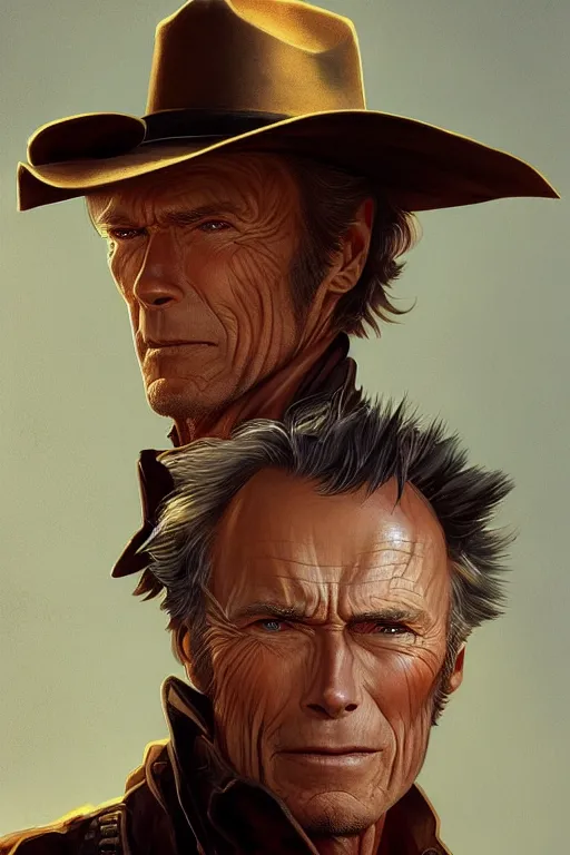 Image similar to heroic character design of clint eastwood, portrait, western, steampunk, duster, fantasy, intricate, elegant, highly detailed, digital painting, artstation, concept art, sharp focus, illustration, art by artgerm and greg rutkowski and alphonse mucha