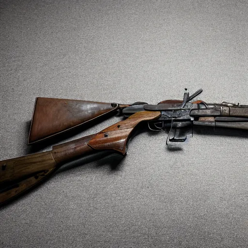 Prompt: Photo of a muzzle loaded flintlock AK-47 laid on a table, 4k, Forgotten Weapons, grey table background