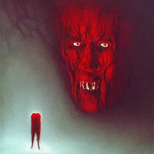 Prompt: ryan reynolds entering a chasm full of unspeakable cosmic horrors, horror, blood red, terrifying atmosphere, atmospheric, by zdzisław beksinski, 8 k