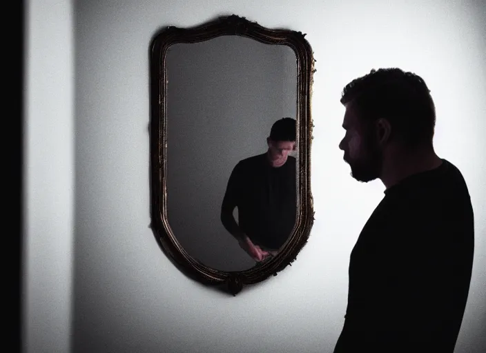 Prompt: Photo of a man looking into the mirror. There is a monster in the mirror. Horror movie still, dramatic lighting, dark