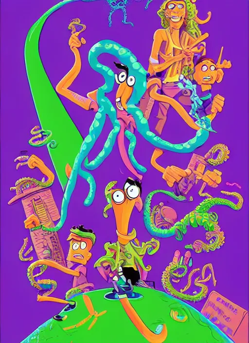 Image similar to a poster for the Day of the Tentacle videogame by Steve Purcell. 8k. Detailed. Characters. Maniac Mansion. Purple tentacle.