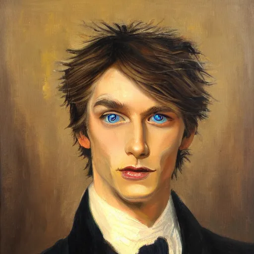 Prompt: the picture of dorian gray, handsome blond man with striking eyes, high detail oil painting