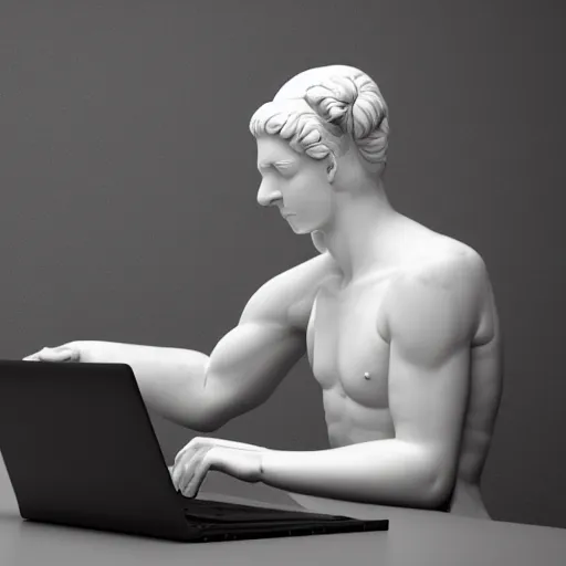 Prompt: a marble statue sitting at a desk with a frustration expression and a laptop on the desk