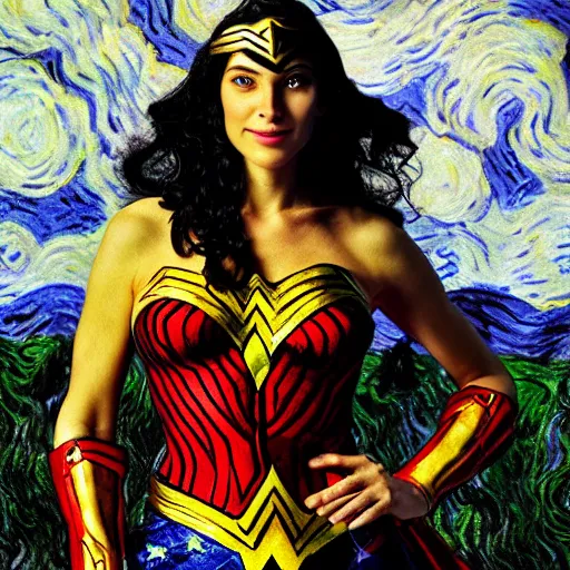 Prompt: Portrait photograph of Gal Godot cosplaying as Vincent van Gogh Wonder Woman by Claude Monet, rendered in Unreal Engine, original digital art, RTX On