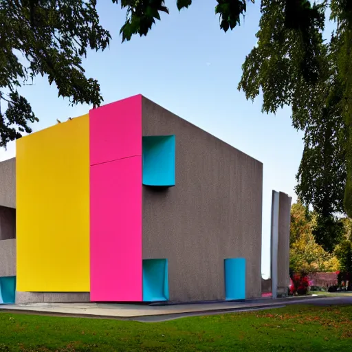 Image similar to a brutalist building made of colourful fabric sheets