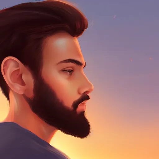 Prompt: young man with a trimmed beard, beautiful sunset, high definition, concept art, digital painting, art by Bowater and Charlie