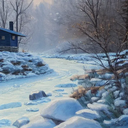 Prompt: a frozen river running past a cabin in mountain side, blizzard, classic painting, award winning, highly detailed