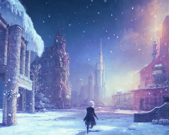 Prompt: scenery artwork, scene beautiful, light!! light essential cozy winter snow world snowy, surrealism oil on canvas, artstation!! pixiv!! dream scenery, quality astral projection render, nier automata concept art, vaporwave textures