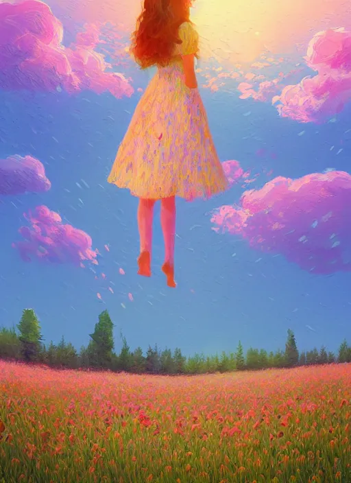 Image similar to girl with flower dress, standing in a field with floating flowers, hills, big trees, sunrise dramatic light, impressionist painting, colorful clouds, digital painting, pointillism, artstation, simon stalenhag