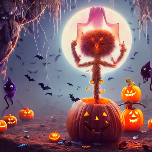 Image similar to halloween festival, expressive eyes, floating, rbc, bunny, radiolaria, protophyta, micro - organisms, center frame, symmetric, rim light, marine microbiology, bioluminescence, electric, fur, soft, concept art, intricate details, highly detailed, colorful, photorealistic, disney pixar, octane render,