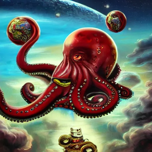 Image similar to steve harvey cyborg octopus, conquering earth, epic battle scene, 8 k, mystical fantasy painting