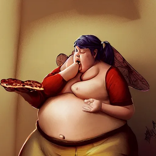 Image similar to a very fat fairy sitting in a messy room and burping because she ate too much pizza and junk food, fantasy art, illustration, amazing detail, in the style of greg rutkowski, artgerm, cgsociety