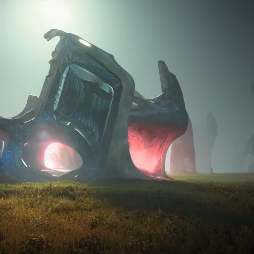 Image similar to the land reclaims a crashed space frigate, alien life, in the style of James Chadderton, ectoplasm, giant creatures roam, natural lighting, low angle camera, unreal engine