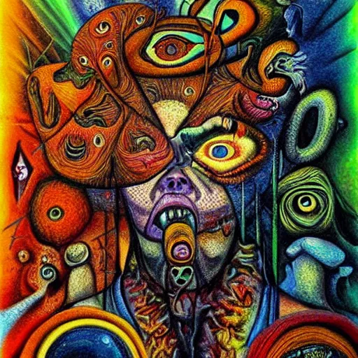 Prompt: schizophrenia, psychedelic art, shocking, depressing, surrealist