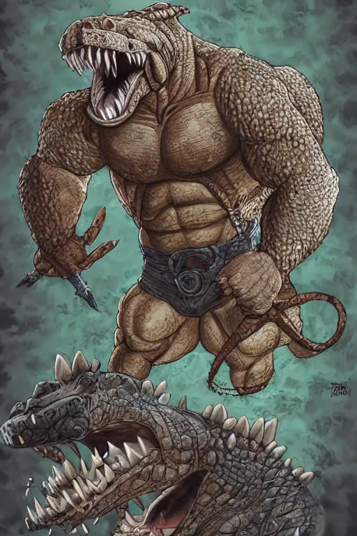 Prompt: portrait of a muscular crocodile man barbarian, furry art, fursona, anthro, detailed scales, akira toriyama