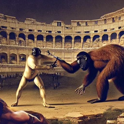 Image similar to hillary clinton fighting giant ape in roman colosseum