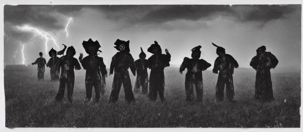 Image similar to 1 3 mm film photograph of a group of clowns in a field holding machetes, liminal, dark, thunderstorm lightning, dark, flash on, blurry, grainy, unsettling