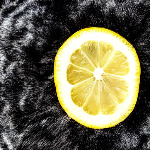 Prompt: a lemon, laying on black fur, photography