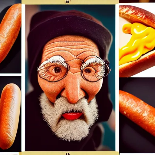 Image similar to Colour Photography of 1000 years old man that eating hot-dog with highly detailed 1000 years old face in style of Josan Gonzalez