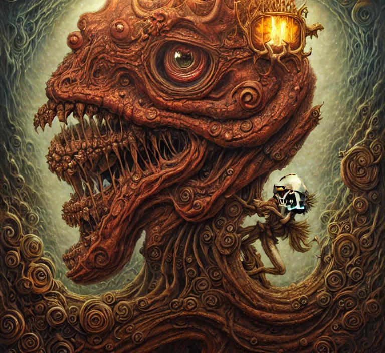 Image similar to A beautiful detailed grotesque monster super cute tarot card, by tomasz alen kopera and Justin Gerard, symmetrical features, ominous, magical realism, texture, intricate, ornate, royally decorated, skull, skeleton, whirling smoke, embers, red adornements, red torn fabric, radiant colors, fantasy, trending on artstation, volumetric lighting, micro details, 3d sculpture, ray tracing, 8k, anaglyph effect, digital art