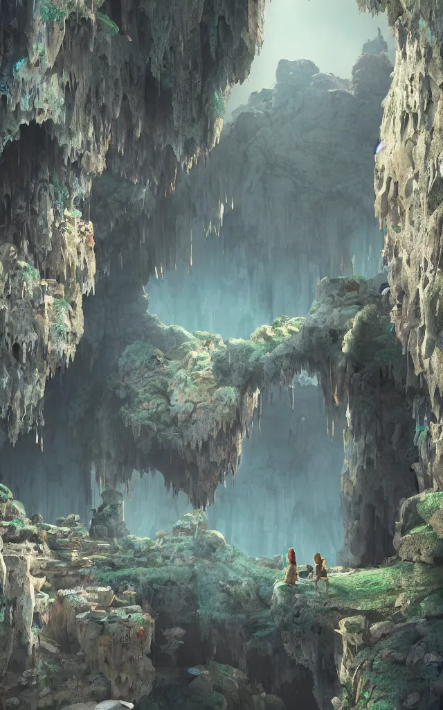 Image similar to A detailed film still of a temple with ruined archs on the interior of a cave, hole in the top of the cave, by studio Ghibli and Pixar, octane render, cell shading, volumetric lighting, at dusk, trending on artstation, very detailed